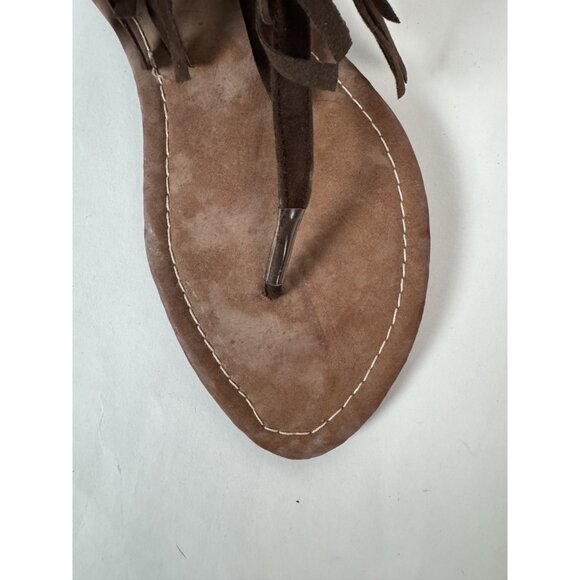 Brown Fringe Suede Flat Thong Sandals With Studded Accents & Zipper Closure For - Picture 3 of 15